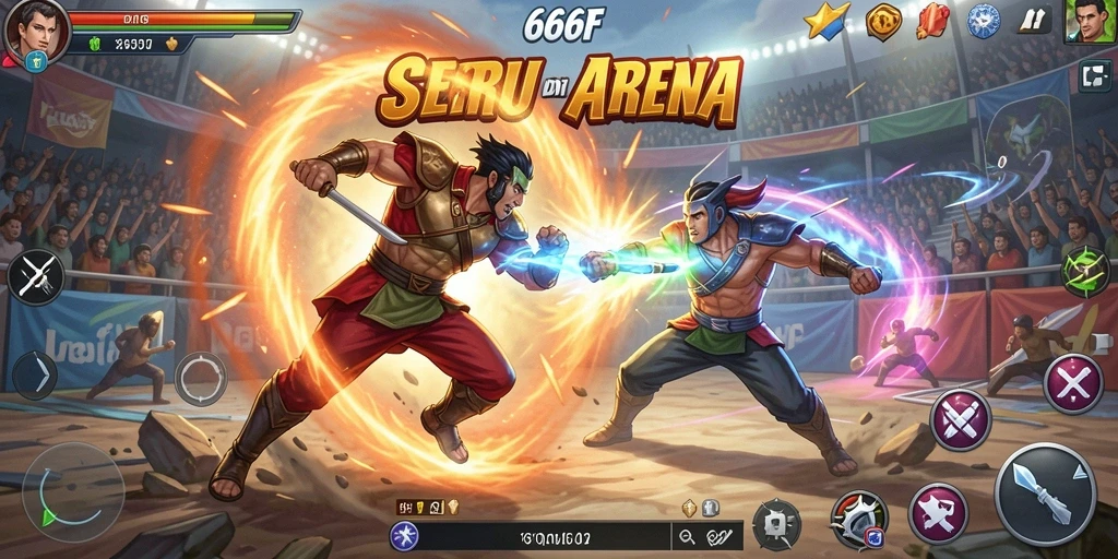 Tampilan gameplay 666F yang seru di arena pertarungan.