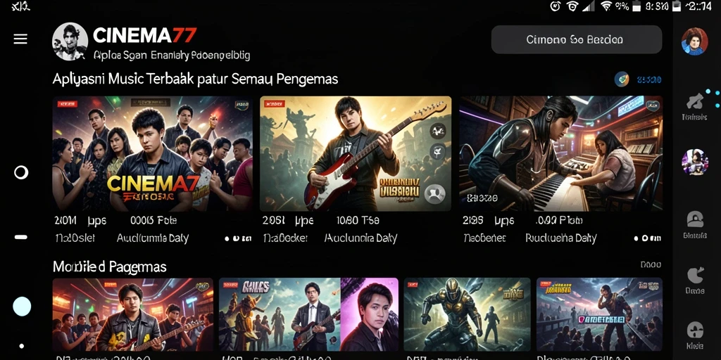 Screenshot utama CINEMA77 menampilkan tampilan antarmuka aplikasi musik yang menarik.