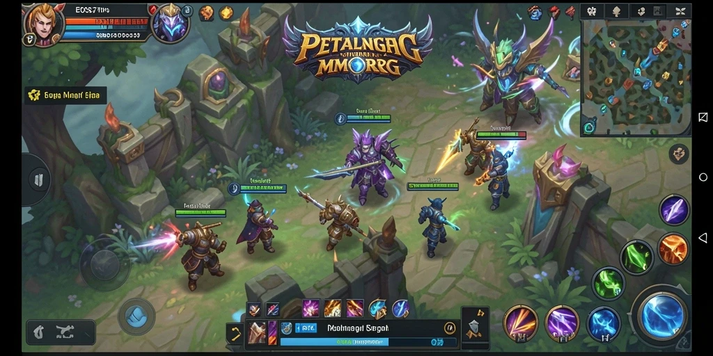 Screenshot utama EOS77 menampilkan pertarungan dalam dunia MMORPG yang menawan.