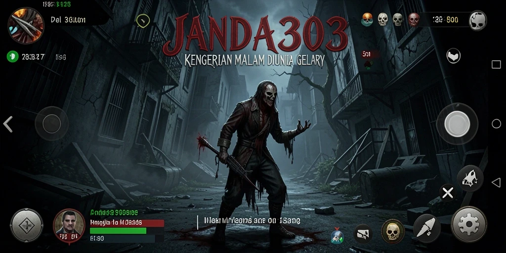Screenshot gameplay JANDA303 menampilkan suasana mencekam dan monster menakutkan.