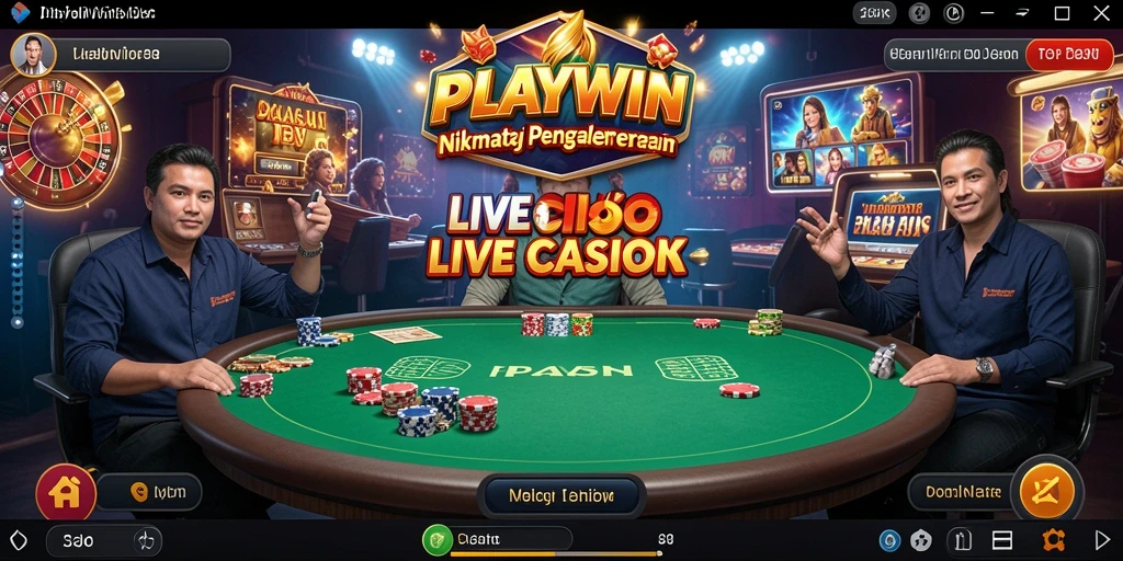 Screenshot PLAYWIN menunjukkan dealer langsung dalam permainan Live Casino yang menegangkan.
