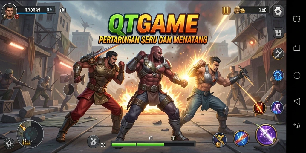 Screenshot gameplay QTGAME menampilkan aksi pertarungan yang intens dan mendebarkan.