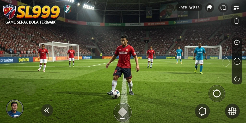 Screenshot SL999 menampilkan aksi dramatis di lapangan sepak bola.