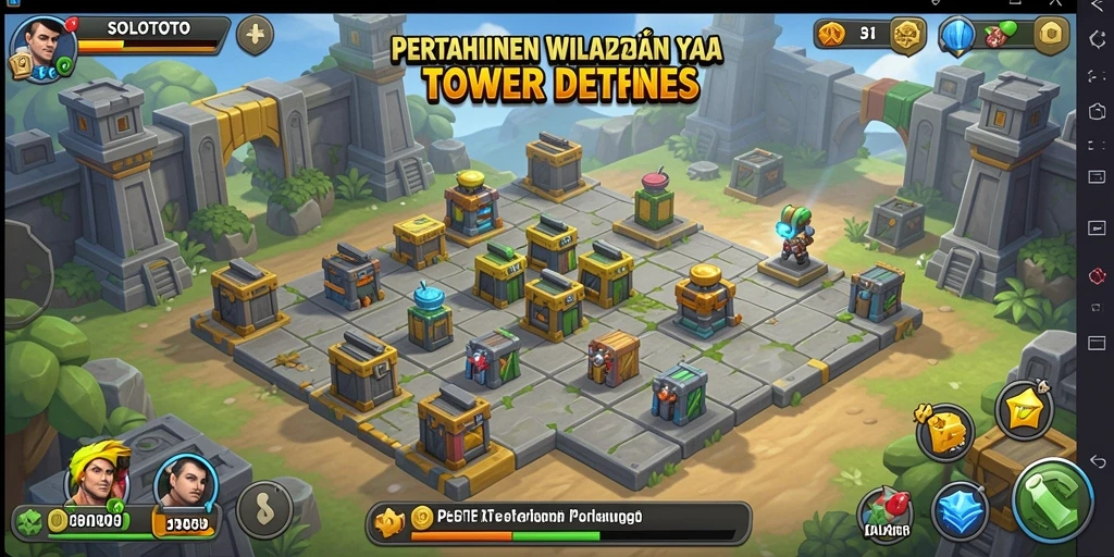 Screenshot gameplay SOLOTOTO dengan aksi menara pertahanan yang menegangkan.