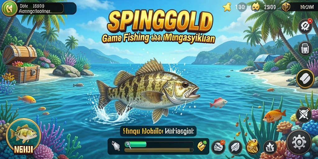 Tangkapan layar dari gameplay SPINGOLD yang menampilkan pengalaman memancing yang seru.